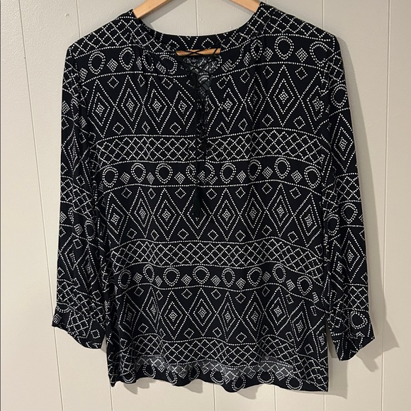 Madewell Lace-Up Boho Peasant Blouse Black White Caravan Print Small - Picture 4 of 10